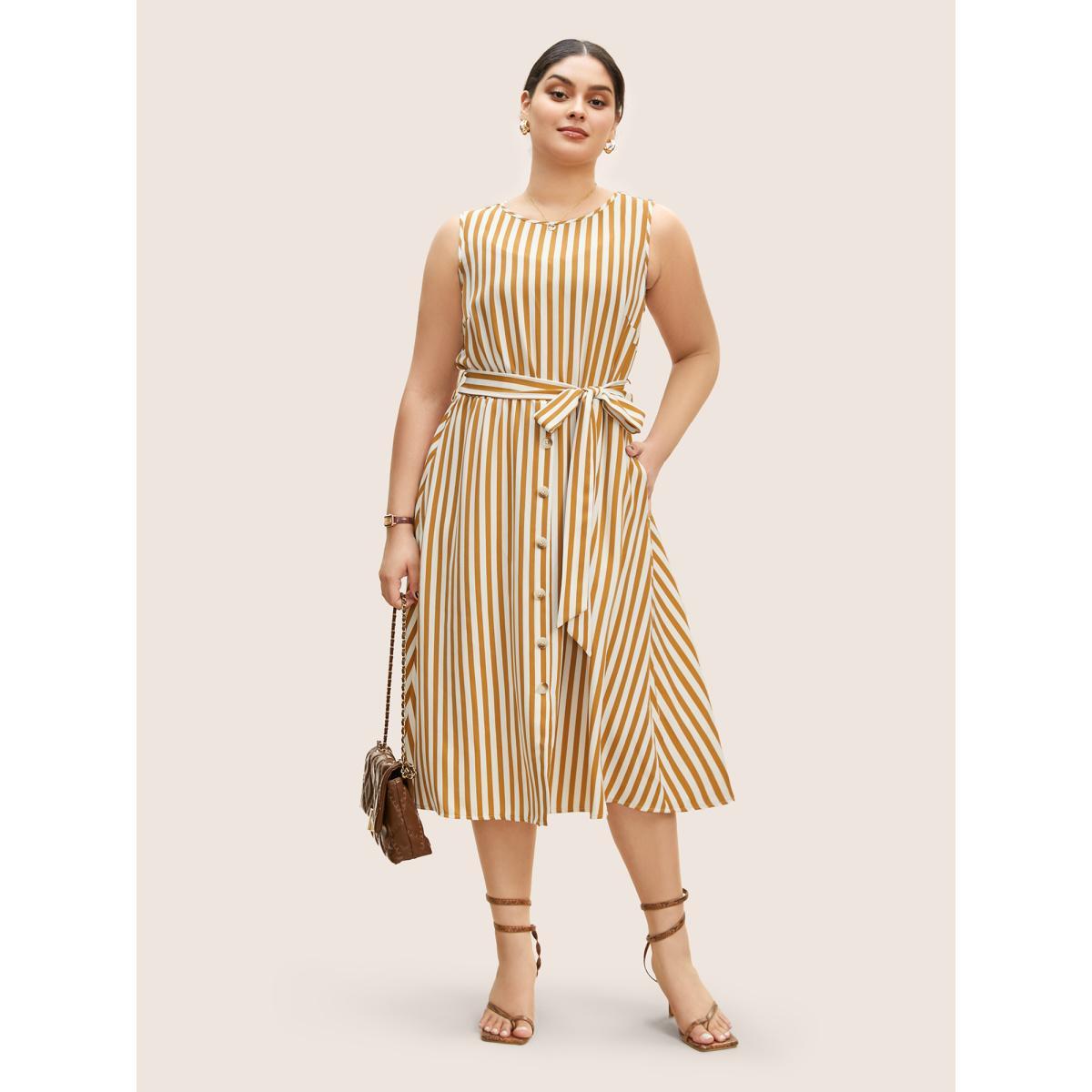 Plus Size Striped Sleeveless Button Detail Belted Midi Dress Wheat Women Work From Home Belted Round Neck Sleeveless Curvy BloomChic 30/6X Product Image