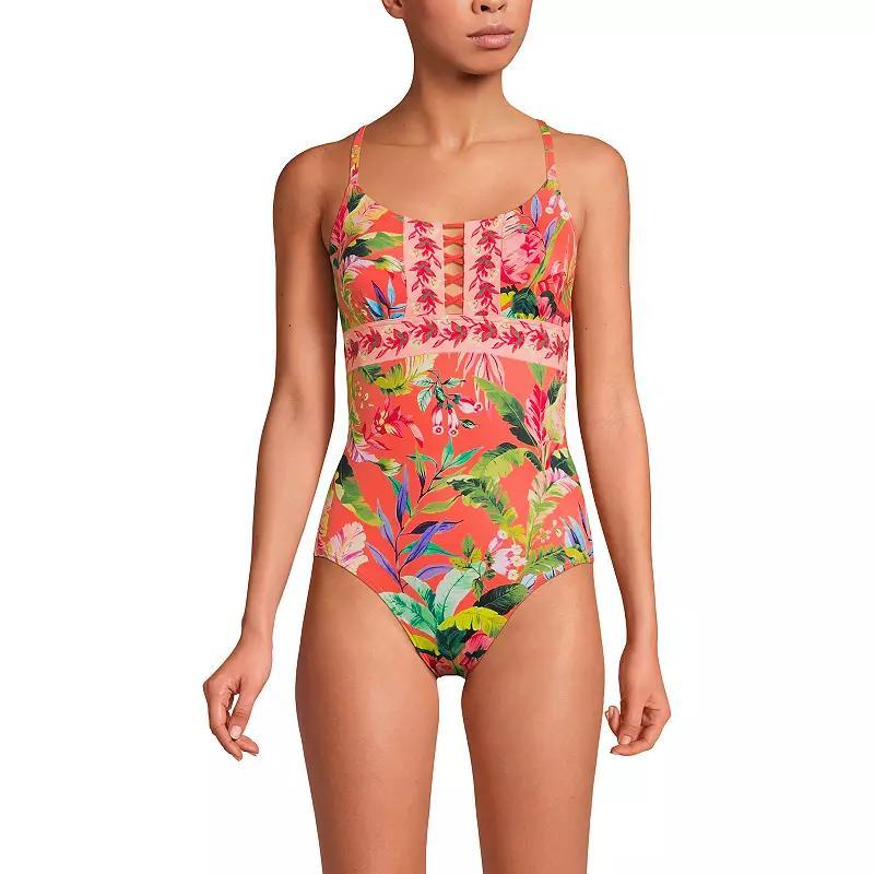Women's Lands' End Front Lace-Up Scoopneck One-Piece Swimsuit, Size: 10, Deep  Blue Floral Product Image