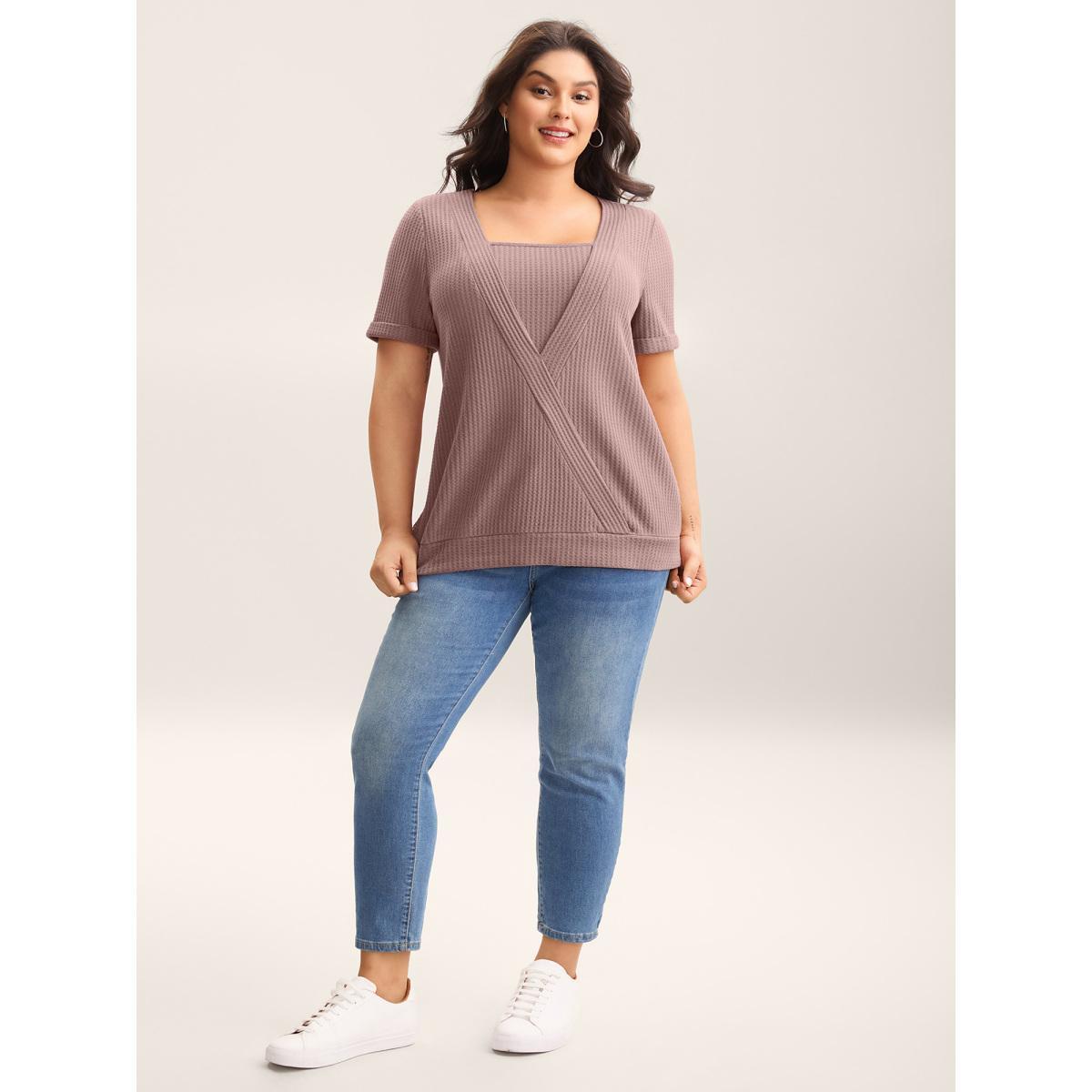 Plus Size 2-in-1 Wrap Textured Solid T-Shirt Dirtypink Women Casual Overlapping Non Everyday-Casual T-shirts BloomChic 22-24/3X Product Image