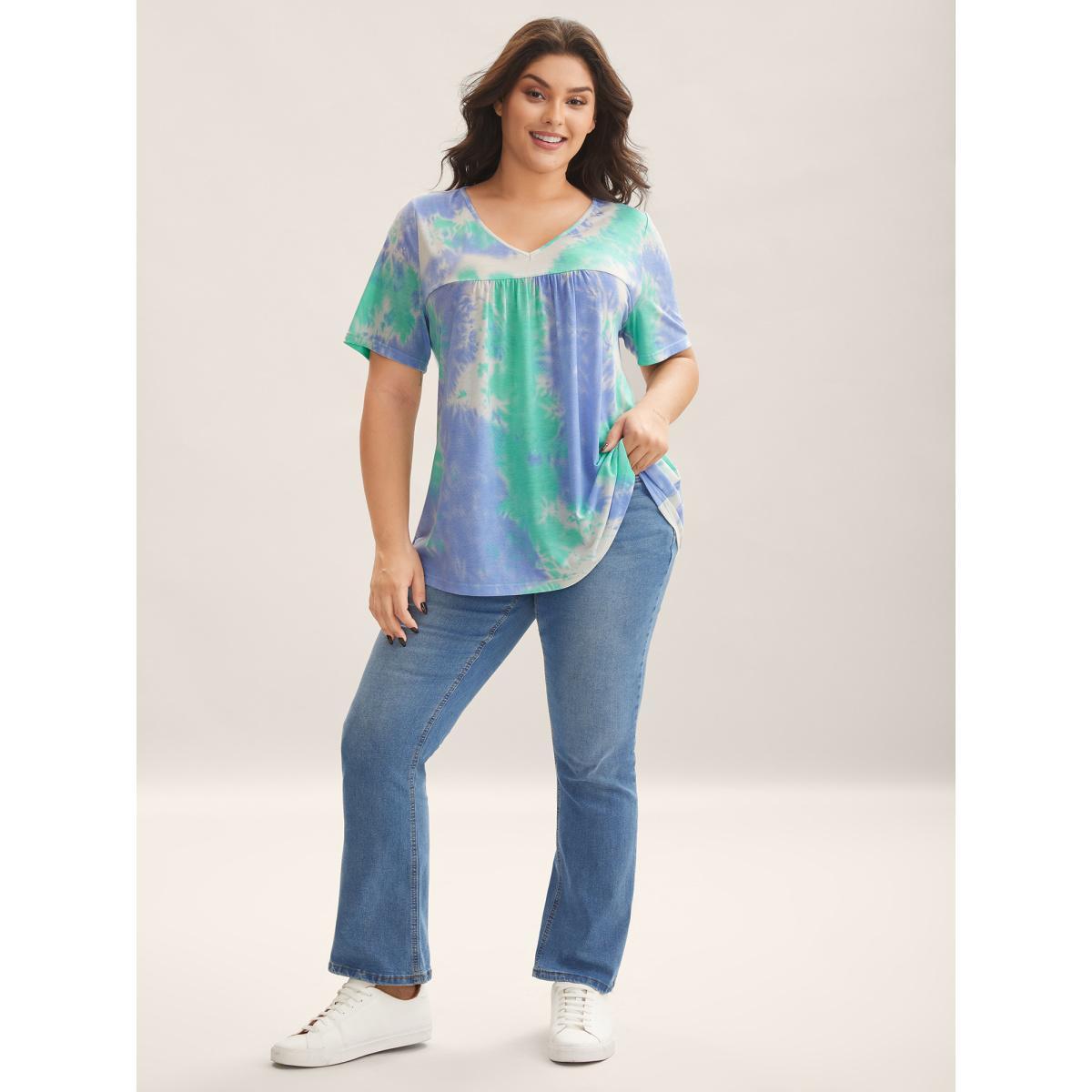 Plus Size Tie-Dye Pleated Flowy T-Shirt Multicolor Women Gathered V-neck Everyday-Casual T-shirts BloomChic 28/5X Product Image