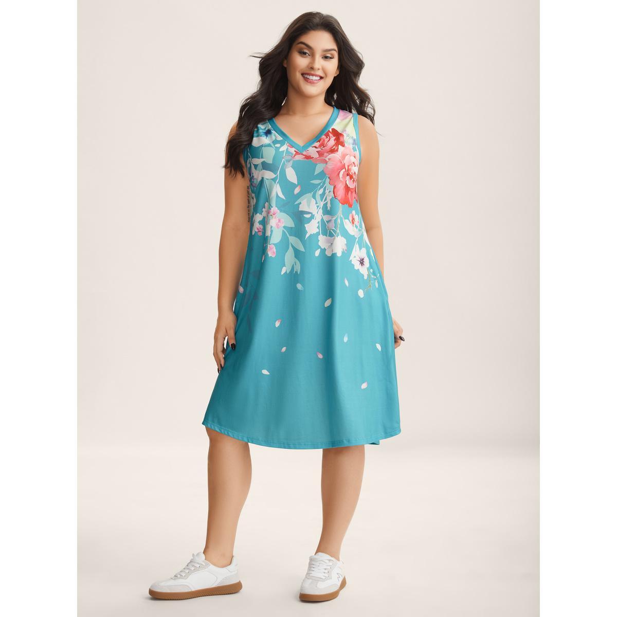 Plus Size Stretchy Breezy Floral A-Line Midi Dress Emerald Women Knit Dresses Bloomchic 26/4X Product Image
