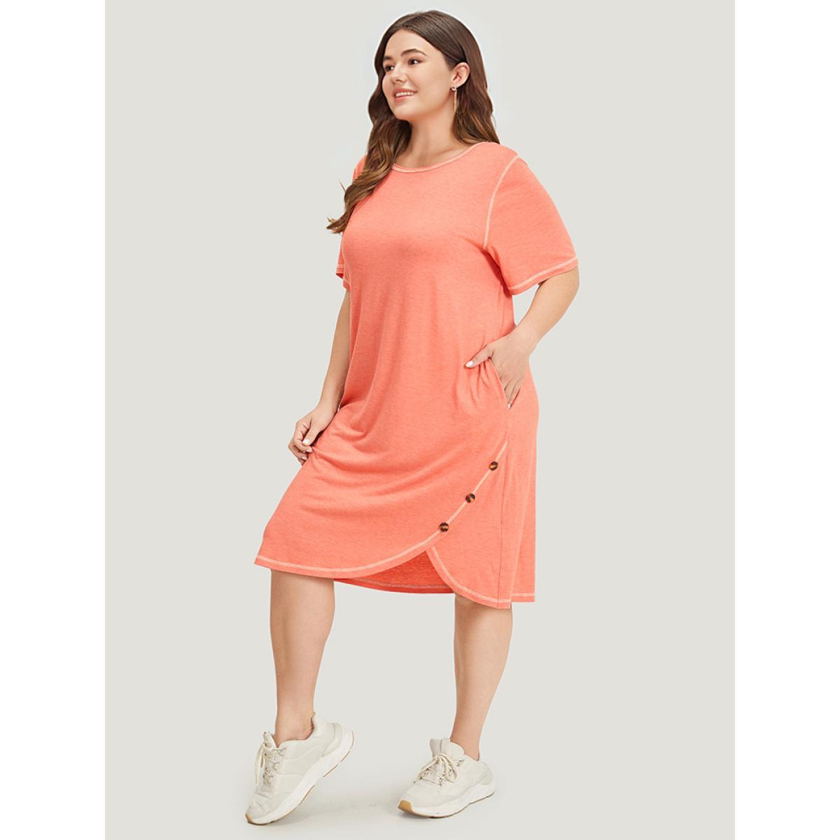 Plus Size Supersoft Essentials Stitch Button Detail Overlap Hem Dress Coral Women Casual Wrap Round Neck Short sleeve Curvy Knee Dress BloomChic 30/6X Product Image