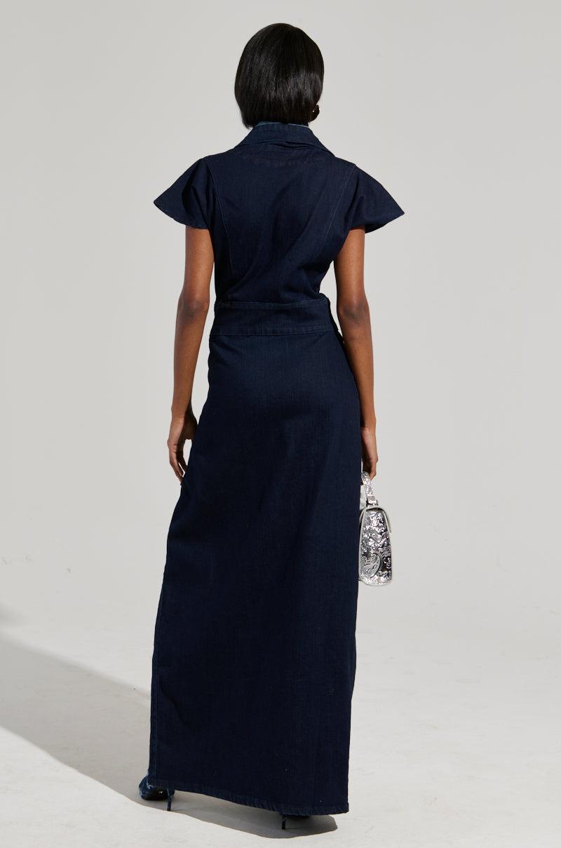 CHELSEA BUTTON SIDE DENIM MAXI DRESS Product Image