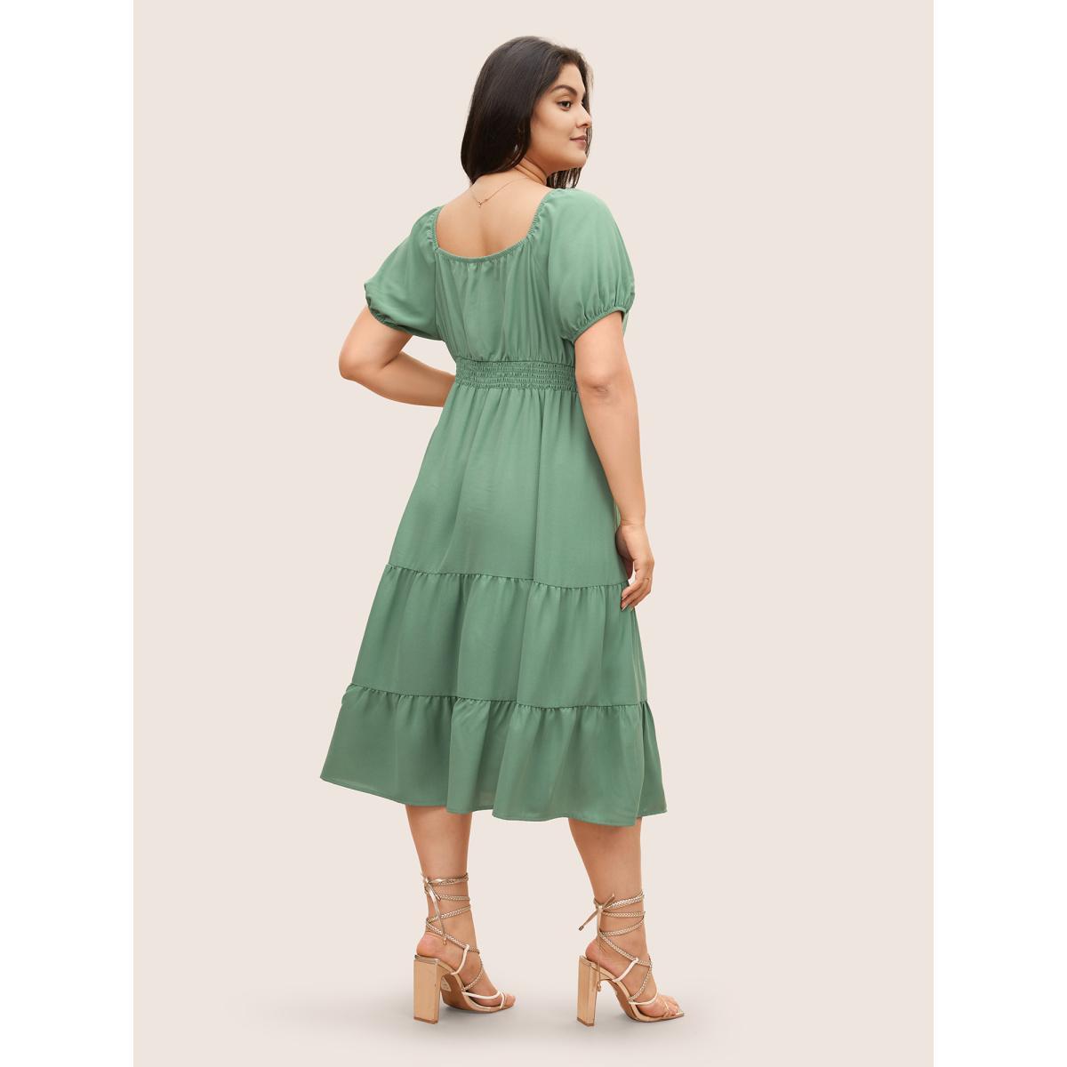 Plus Size Solid Gathered Lantern Sleeve Ruffle Layered Hem Dress Mint Women Elegant Non V-neck Short sleeve Curvy Midi Dress BloomChic 26/4X Product Image