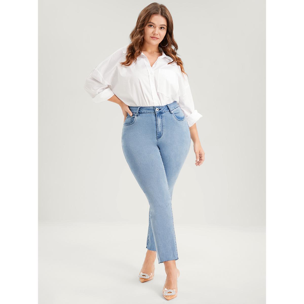 Plus Size Skinny Very Stretchy High Rise Light Wash Pocket Patchwork Jeans Women LightBlue Casual Plain Asymmetrical High stretch Pocket Jeans BloomChic 20/2X Product Image