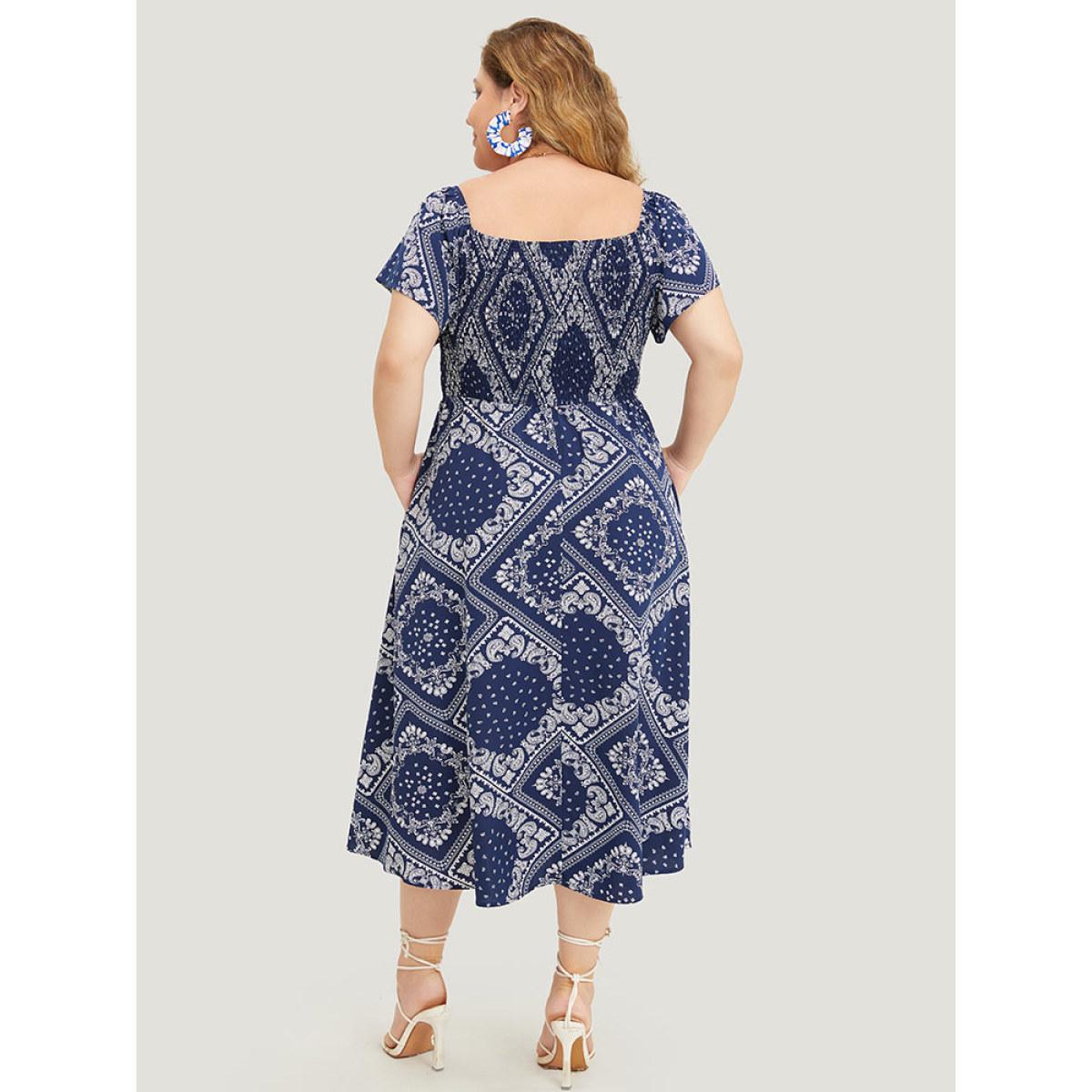 Plus Size Paisley & Moroccan Print Pocket Shirred Square Neck Split Dress DarkBlue Women Vacation Slit One-shoulder neck Short sleeve Curvy Midi Dress BloomChic 22-24/3X Product Image