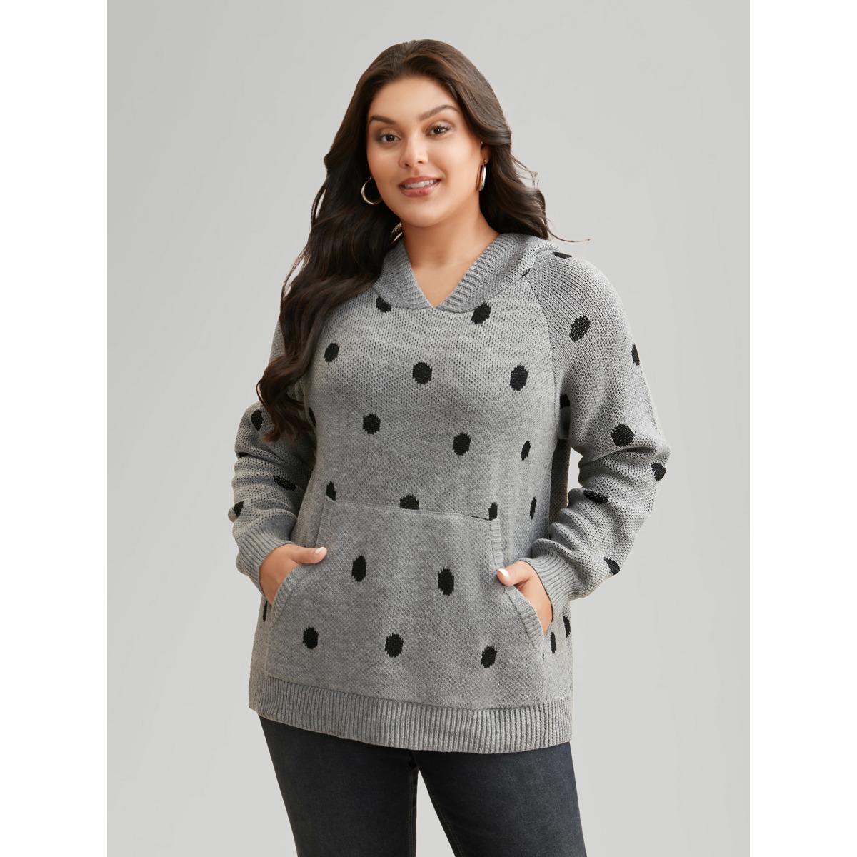 Plus Size Polka Dot Hooded Patch Pocket Pullover Mediumgray Women Casual Loose Long Sleeve Hooded Everyday Pullovers BloomChic 12/L Product Image