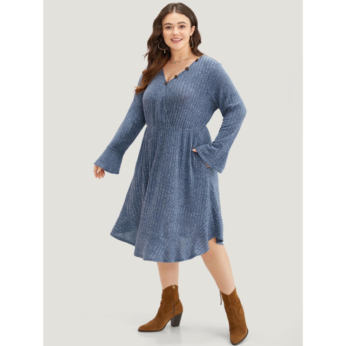 Plus Size Rib Knit Button Detail Pocket Bell Sleeve Dress Indigo Women Casual Texture V-neck Long Sleeve Curvy Midi Dress BloomChic 26/4X Product Image