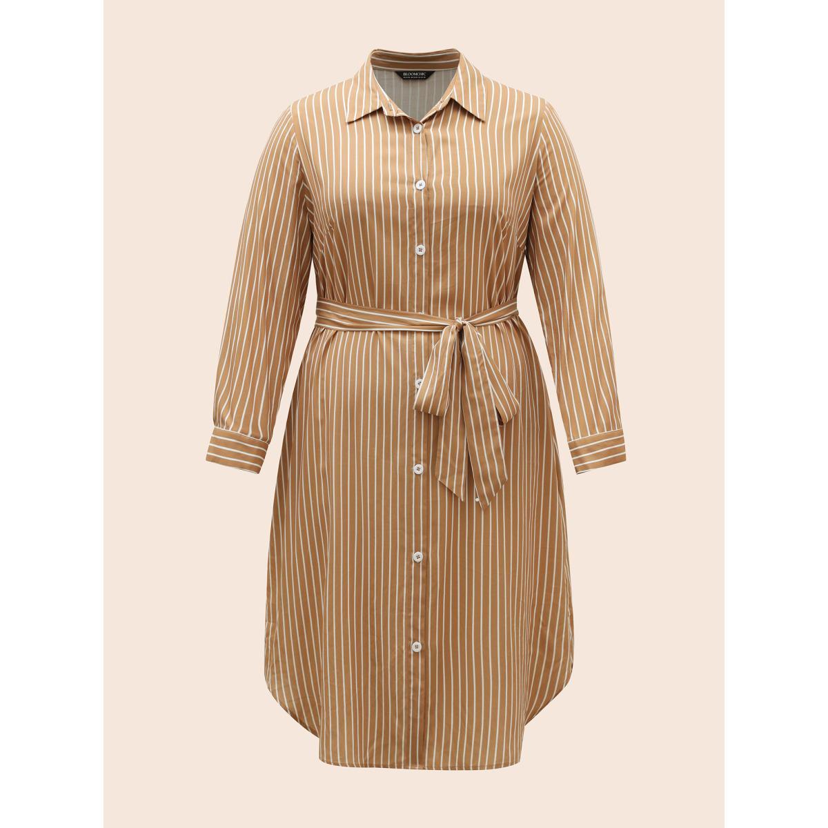 Plus Size Striped Shirt Collar Curved Hem Midi Dress LightBrown Women Workwear Essentials Belted Shirt collar Long Sleeve Curvy BloomChic 22-24/3X Product Image