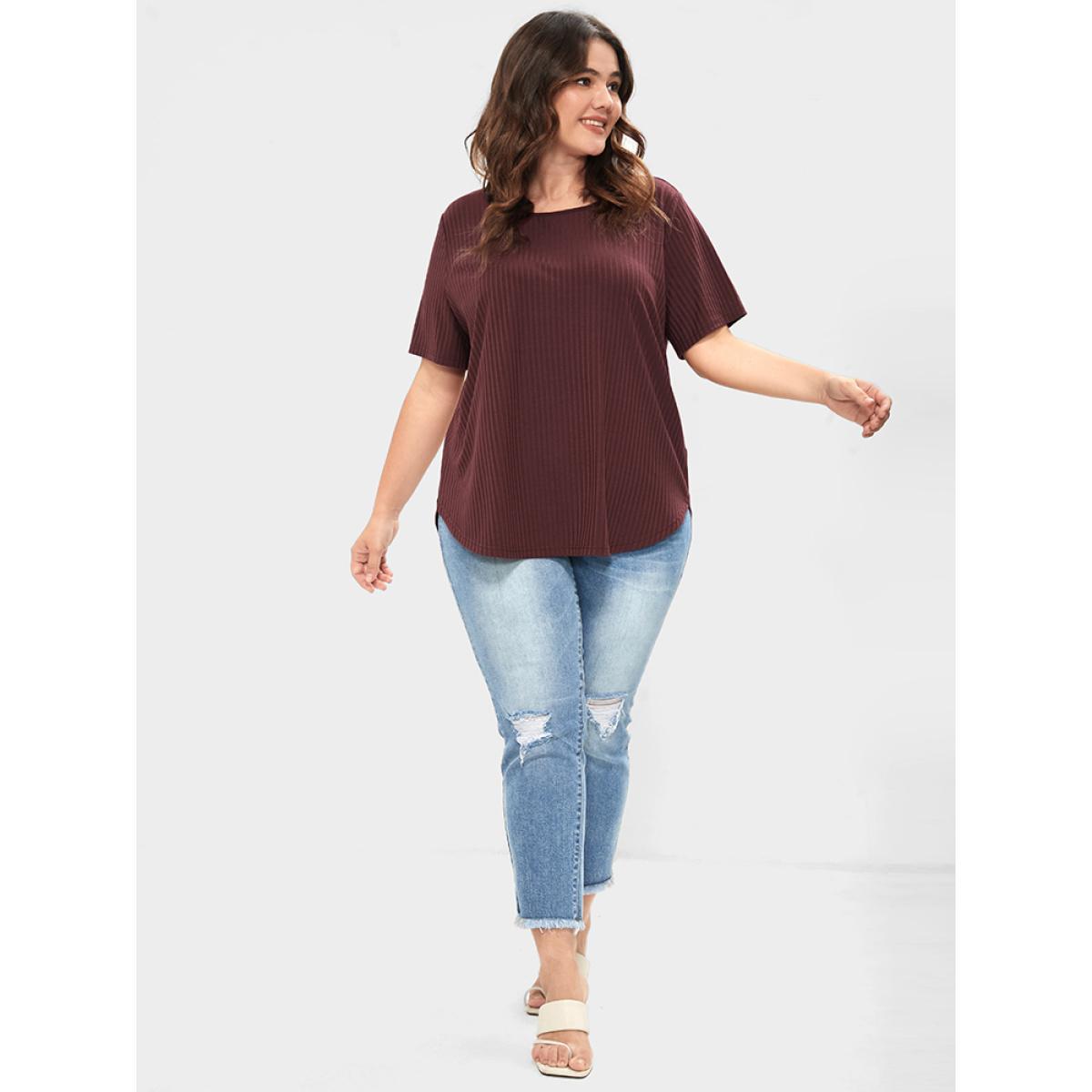 Plus Size Plain Button Back Rib Knit Tee Burgundy Women Elegant Button Plain Round Neck Dailywear T-shirts BloomChic 26/4X Product Image