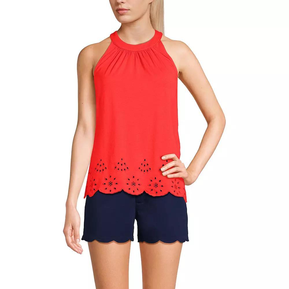 Women's Lands' End Eyelet Trimmed Flowy Pleated High Neck Tank Top, Size: Medium, Black Product Image