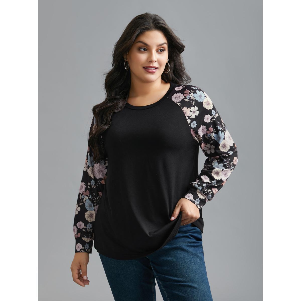 Plus Size Floral Raglan Sleeve Contrast Fabric T-Shirt Black Women Casual Contrast Natural Flowers Round Neck Everyday T-shirts BloomChic 18-20/2X Product Image