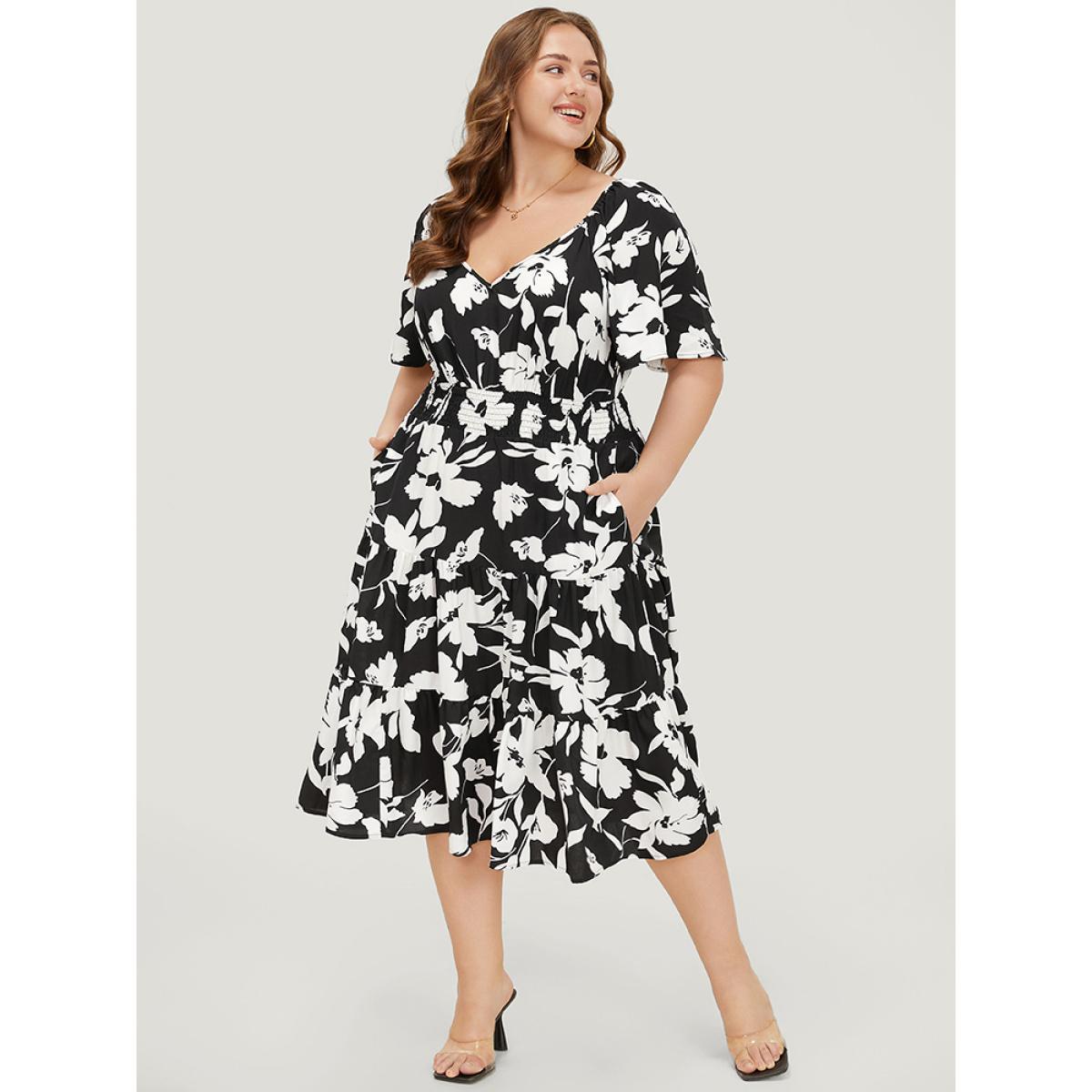 Plus Size Floral Ruffle Pocket V Neck Shirred Dress BlackFlower Women Elegant Shirred V-neck Short sleeve Curvy Midi Dress BloomChic 14-16/1X Product Image