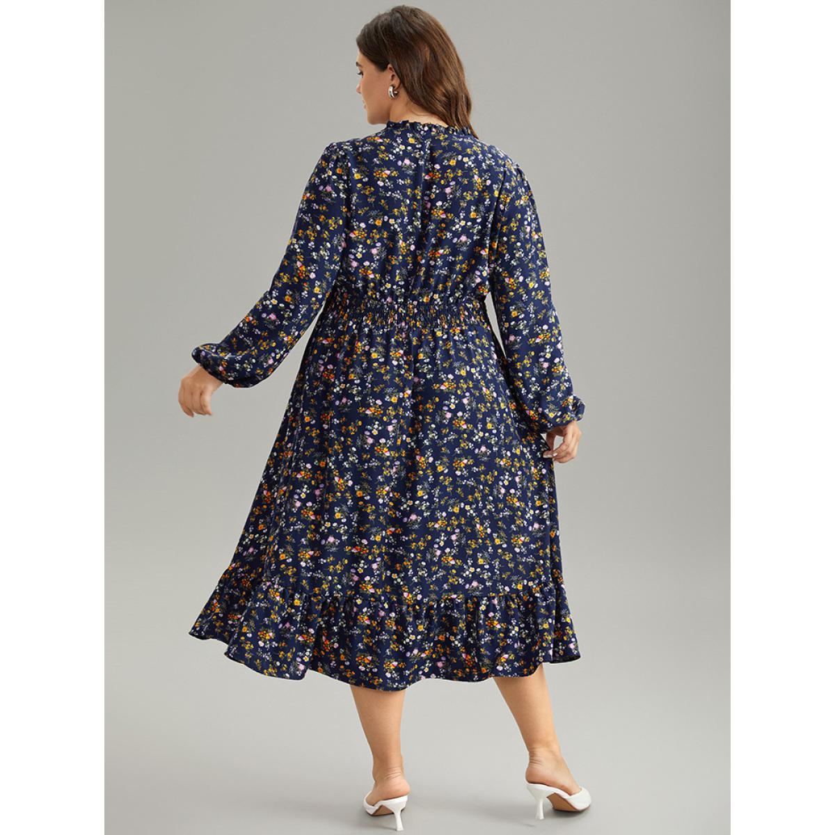 Plus Size Ditsy Floral Notched Shirred Pocket Elastic Waist Dress Navy Women Office Elastic cuffs Notched collar Long Sleeve Curvy Midi Dress BloomChic 30/6X Product Image