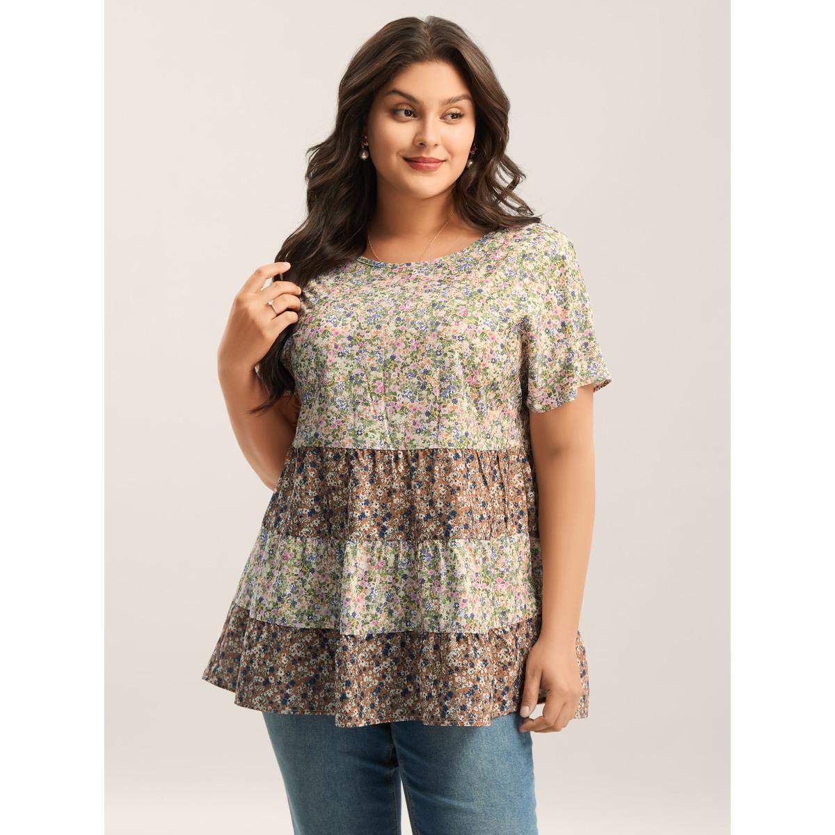 Plus Size Multicolor Ditsy Floral Print Tiered Blouse Women Short sleeve Round Neck Everyday-Elegant Blouses BloomChic 10/M Product Image