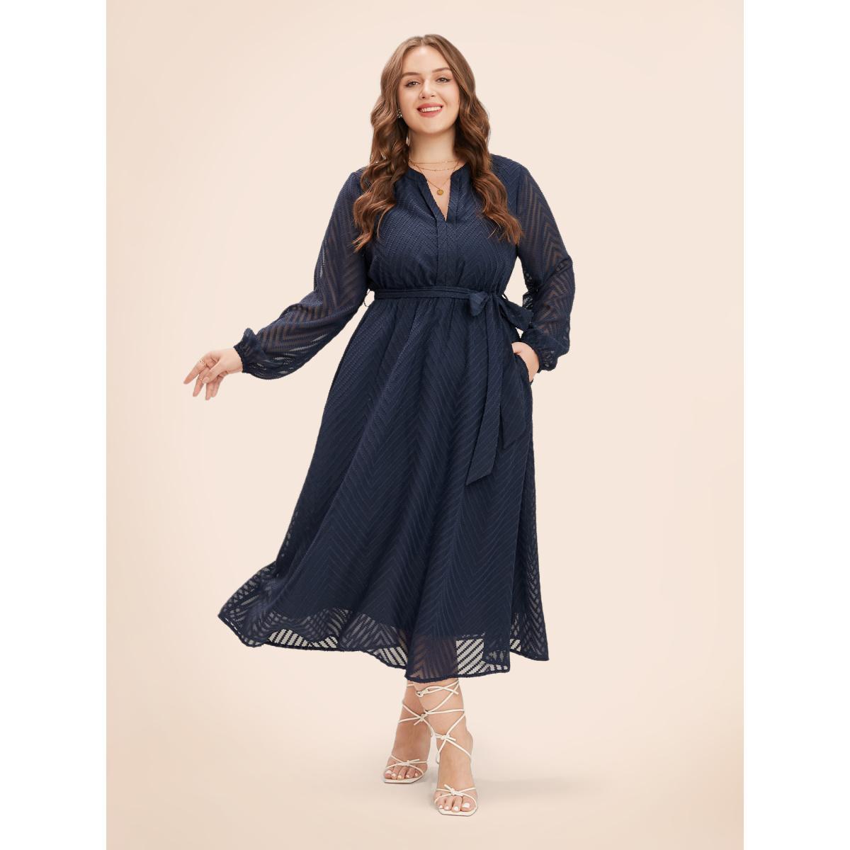 Chiffon Geometric Elegance Plain Navy Belt Plus Size Midi Dress Women Pocket Lantern Sleeve Long Sleeve V Neck Pocket Dailywear Midi Dress BloomChic Product Image