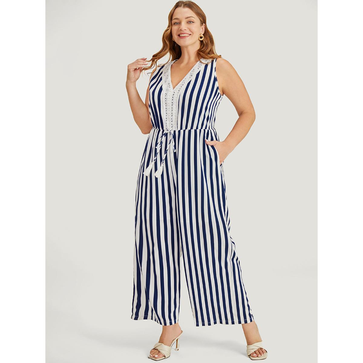Plus Size DarkBlue Striped Print Contrast Lace Pocket Knot Tassels Tank Jumpsuit Women Office Sleeveless V-neck Work Loose Jumpsuits BloomChic 10/M Product Image