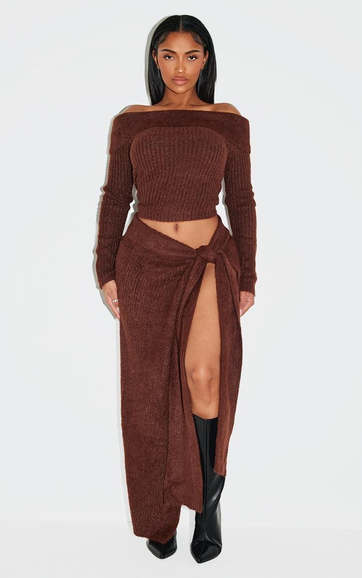 Shape Brown Fold Over Rib Knit Top Product Image