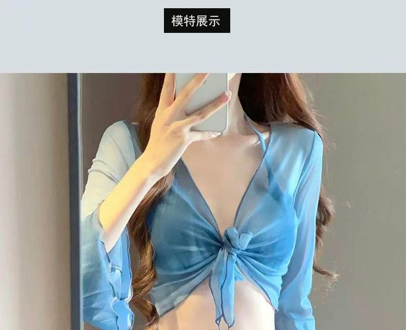 Set: Halter Tie Dye Bikini Top + Bikini Bottom + Flared-Sleeve Crop Top + Drawstring Swim Skirt Product Image