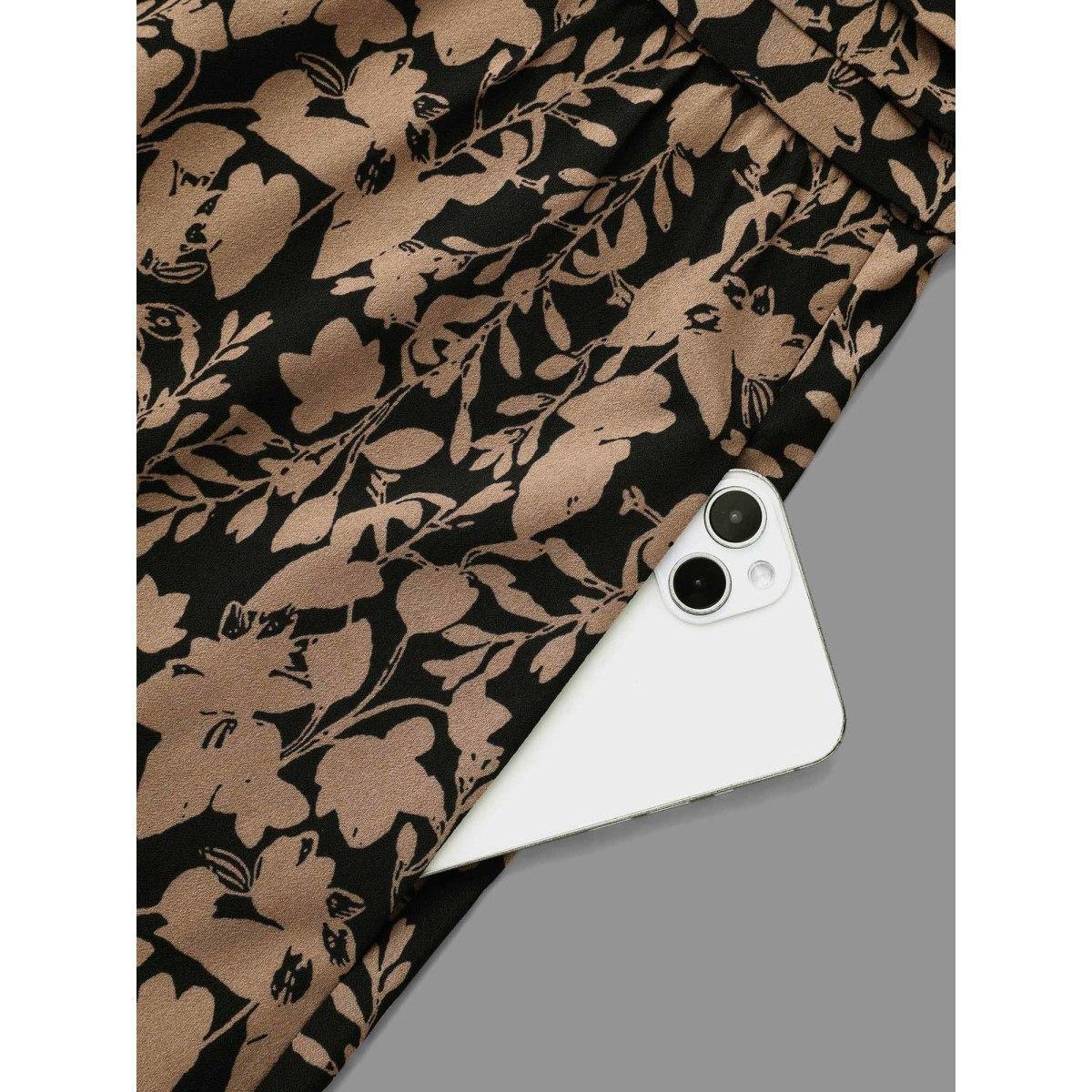 Plus Size Floral Mock Neck Ruffles Pleated Waist Dress Black Women Elegant Frill Trim Mock Neck Long Sleeve Curvy BloomChic 30/6X Product Image