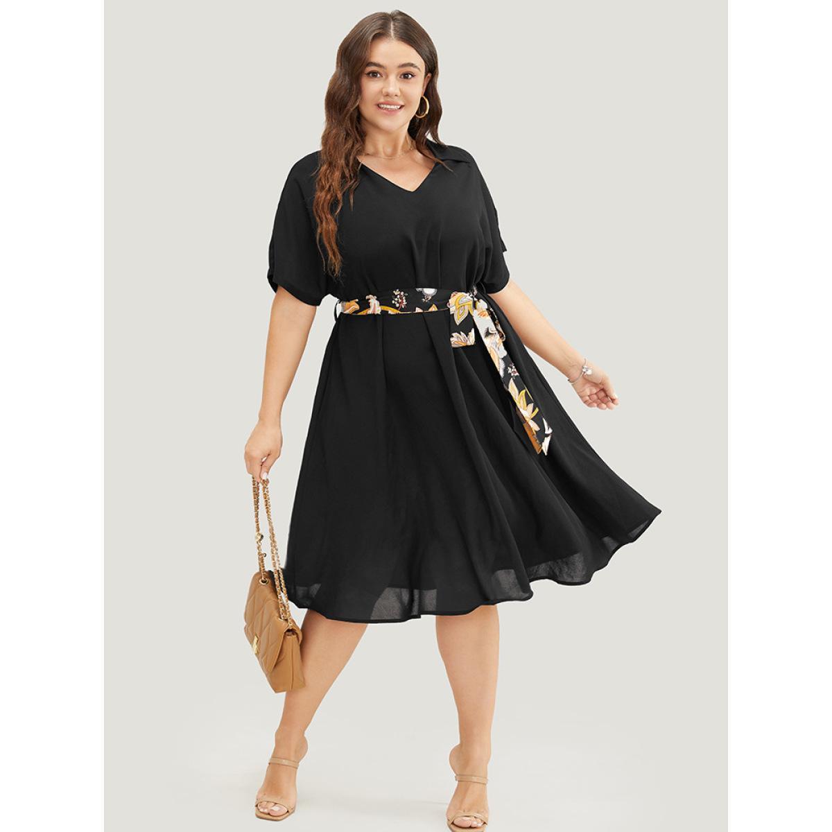 Plus Size Solid Dolman Sleeve Pocket Floral Belted Flutter Dress Black Women Office Cross straps V-neck Short sleeve Curvy Knee Dress BloomChic 30/6X Product Image
