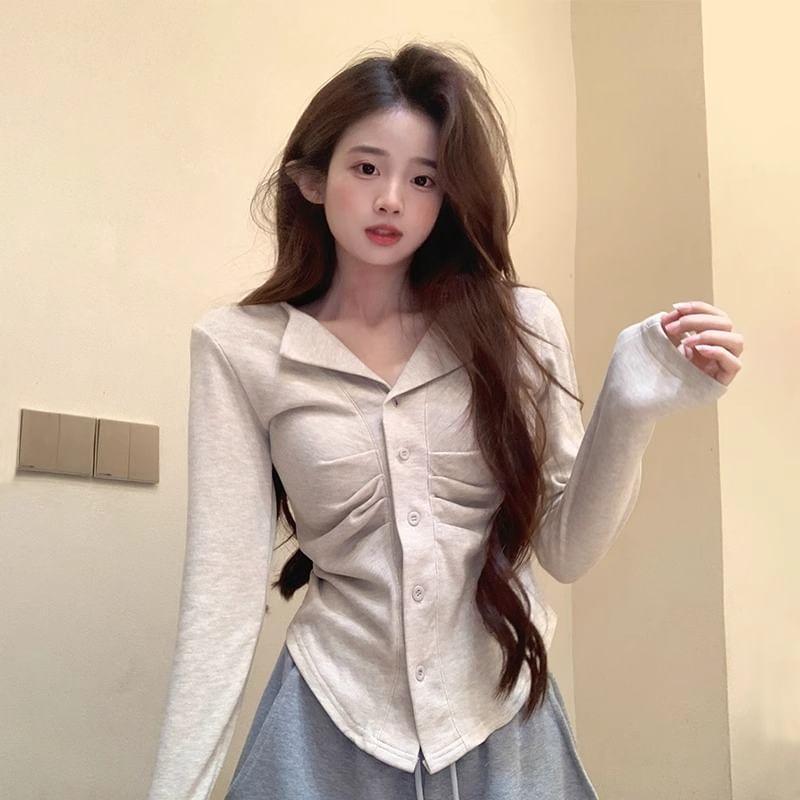 Split Neck Plain Ruched Button-Up Cardigan Product Image