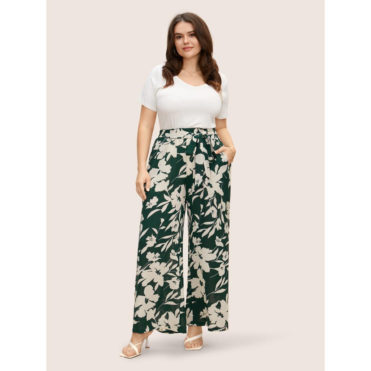 Plus Size Silhouette Floral Print Ties Side Seam Pocket Pants Women Cyan Elegant Wide Leg High Rise Everyday Pants BloomChic 26/4X Product Image