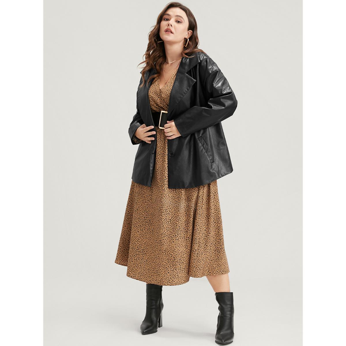 Plus Size PU Leather Pocket Suit Collar Blazer Black Women Going out Plain Sleeve Long Sleeve Suit Collar 18-20/2X Pocket Glamour Blazers BloomChic Product Image