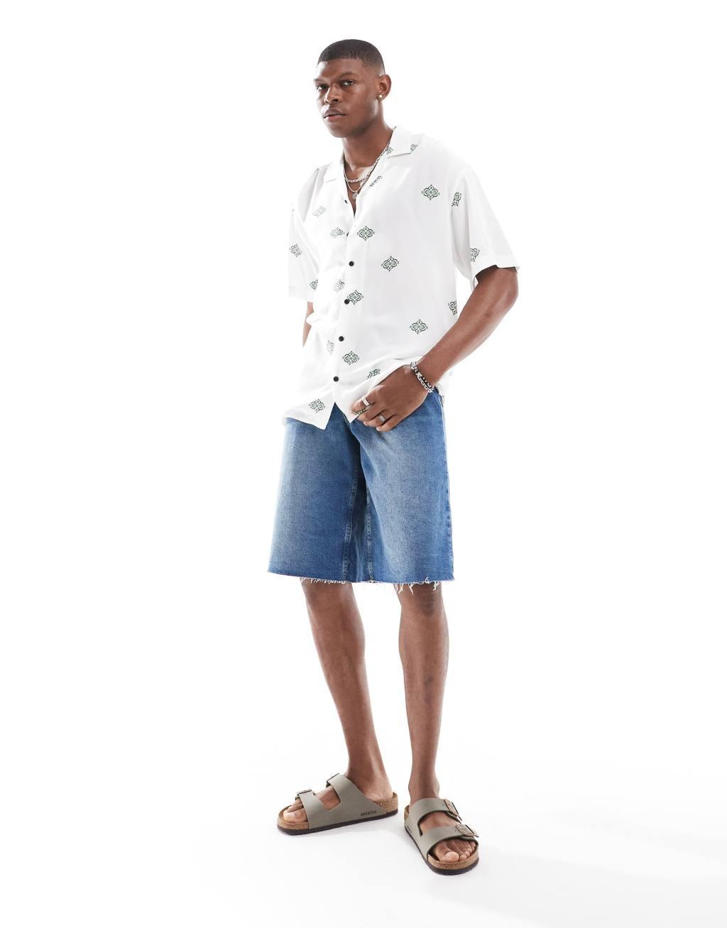 Jack & Jones camp collar placement print shirt in white Product Image