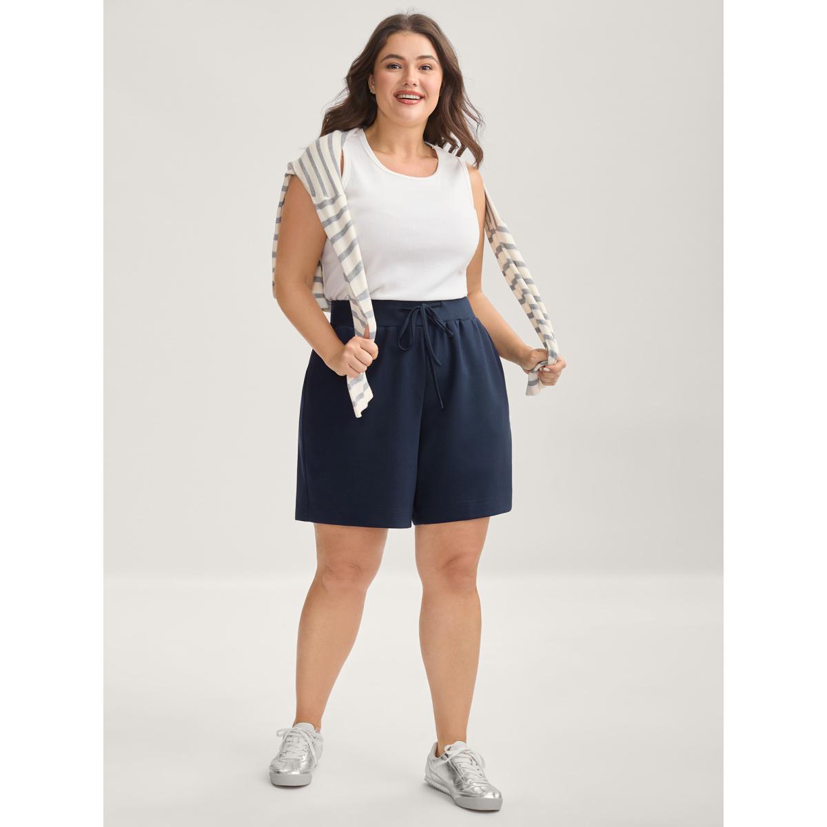 Plus Size Supersoft Wide Waistbelt Shorts Women Indigo Casual Roll Hem Straight Leg Everyday-Casual Shorts BloomChic 22-24/3X Product Image