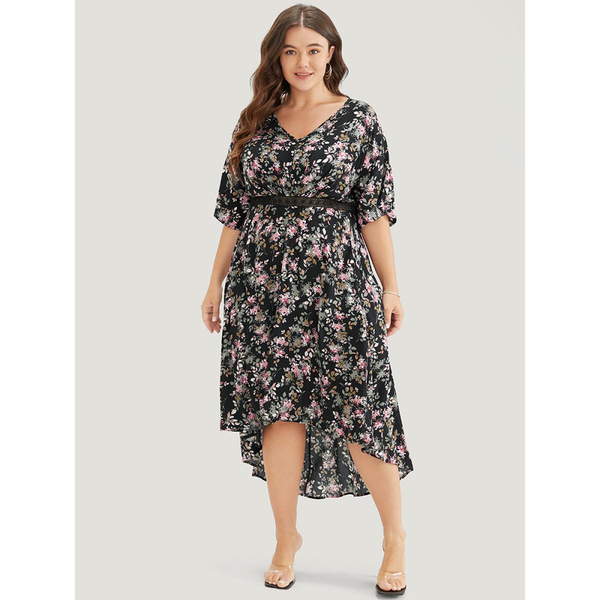 Plus Size Floral Lace Insert Dolman Sleeve Pocket Ruffle High Low Dress Black Women Elegant Lace V-neck Short sleeve Curvy Midi Dress BloomChic 12/L Product Image