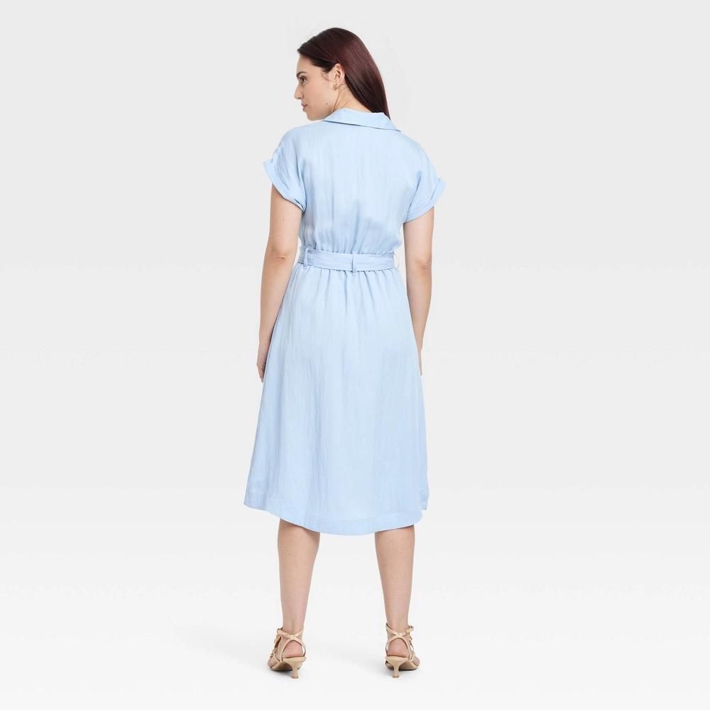 Women's Short Sleeve Midi Utility Shirtdress - A New Day™ Blue L: Lyocell Blend, Collared Neckline, Side Pockets, Woven Fabric Product Image