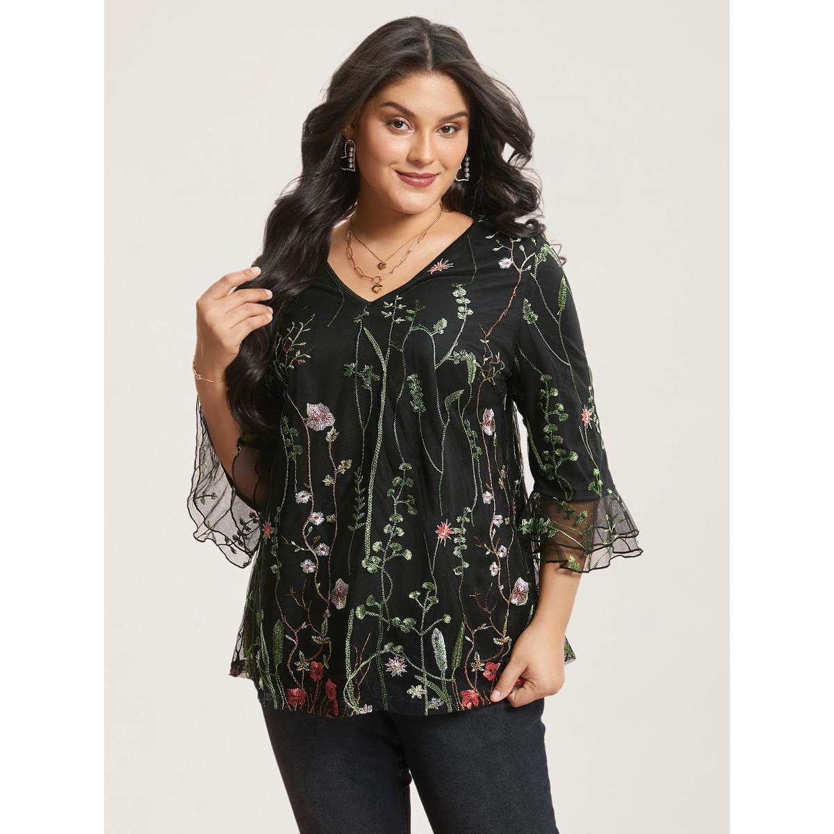 Plus Size Black Embroidered Mesh Lotus Leaf Sleeve Blouse Women Elegant Elbow-length sleeve V-neck Everyday Blouses BloomChic 18-20/2X Product Image