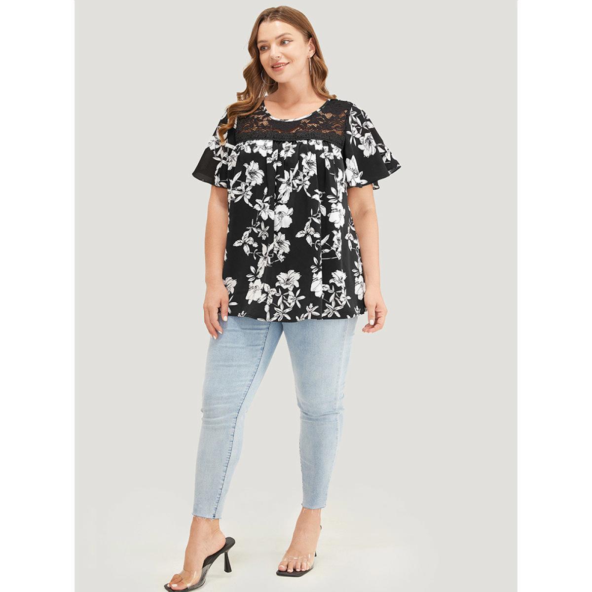 Plus Size BlackFlower Floral Print Gathered Lace Patchwork Blouse Women Elegant Short sleeve Round Neck Dailywear Blouses BloomChic 12/L Product Image