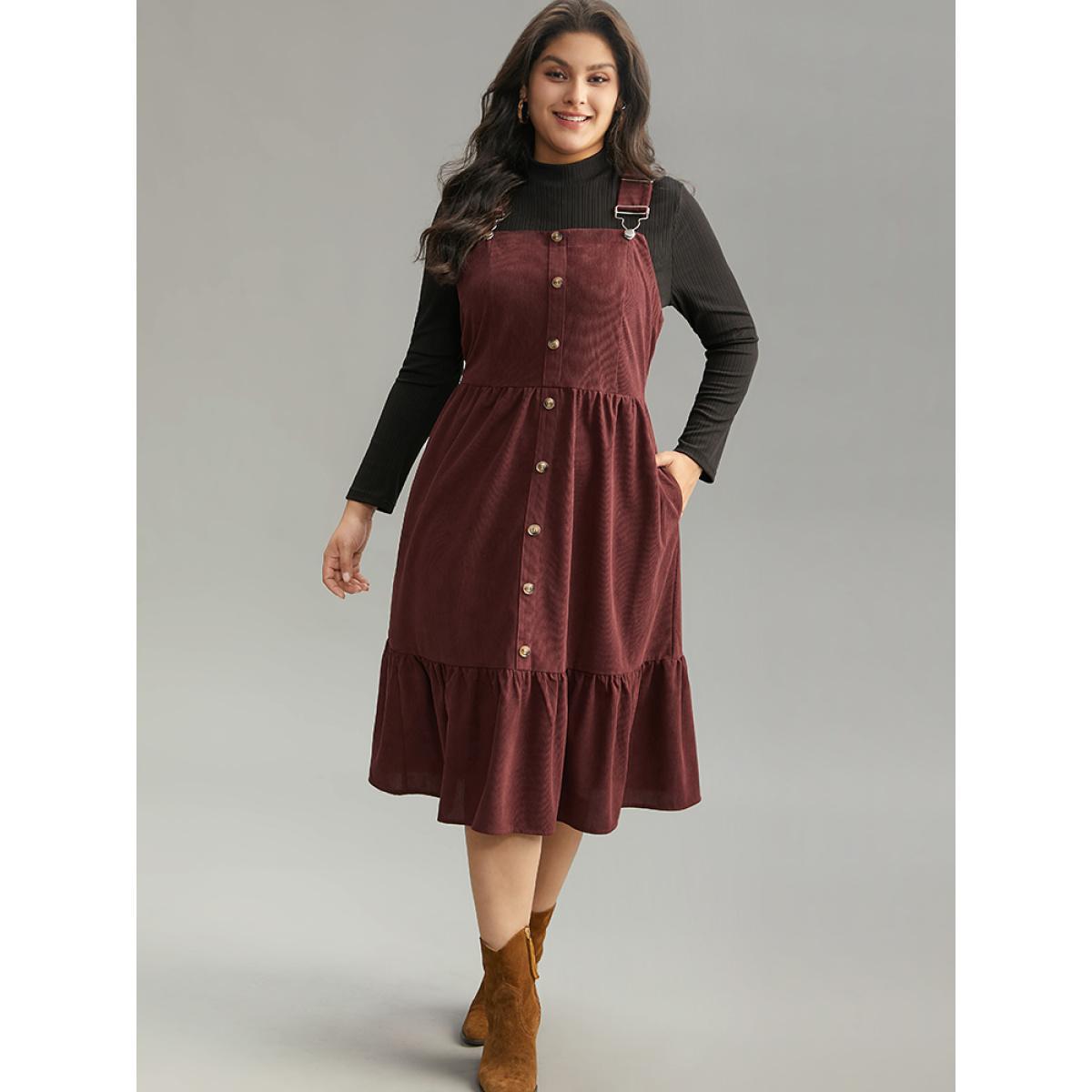 Plus Size Corduroy Button Detail Ruffles Adjustable Straps Dress Chocolate Women Casual Adjustable Straps Spaghetti Strap Sleeveless Curvy Midi Dress BloomChic 10/M Product Image