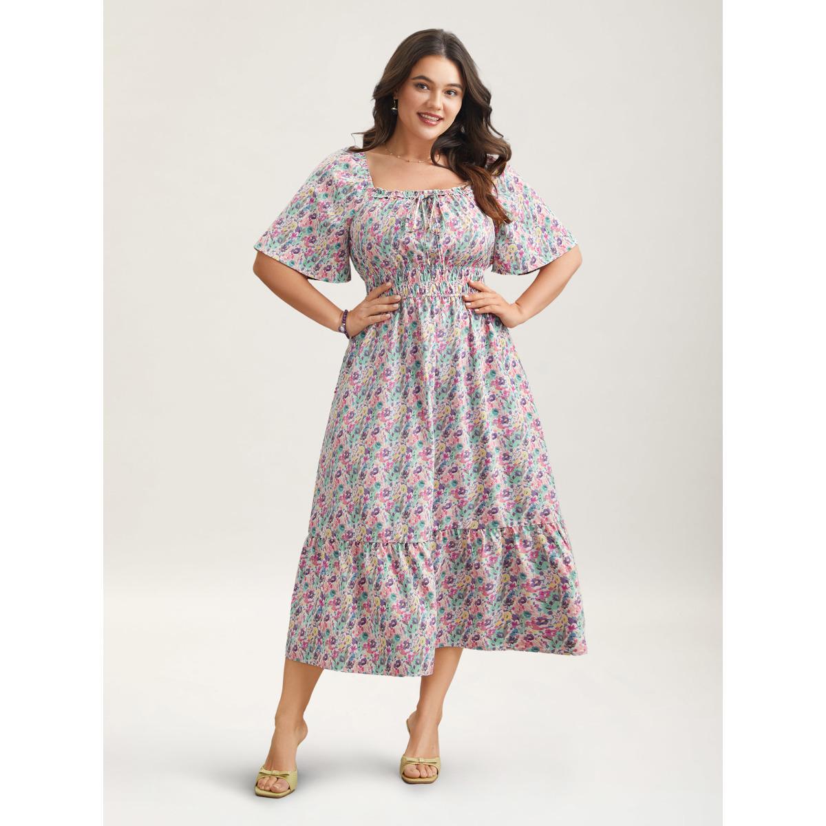 Plus Size Smocked Waist Floral Ties Tiered Maxi Dress Multicolor Women Elegant Tie knot Square Neck Short sleeve Curvy BloomChic 10/M Product Image