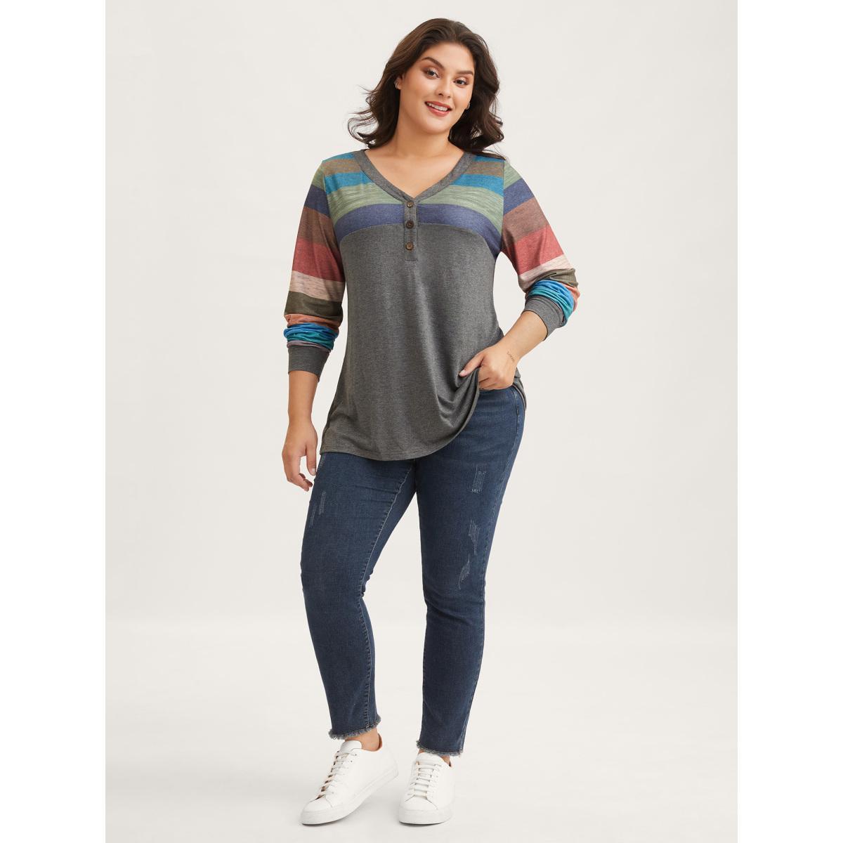 Plus Size Colorblock Contrast V Neck Button Up T-shirt Multicolor Women Casual Elastic cuffs Striped V-neck Everyday T-shirts BloomChic 14-16/1X Product Image