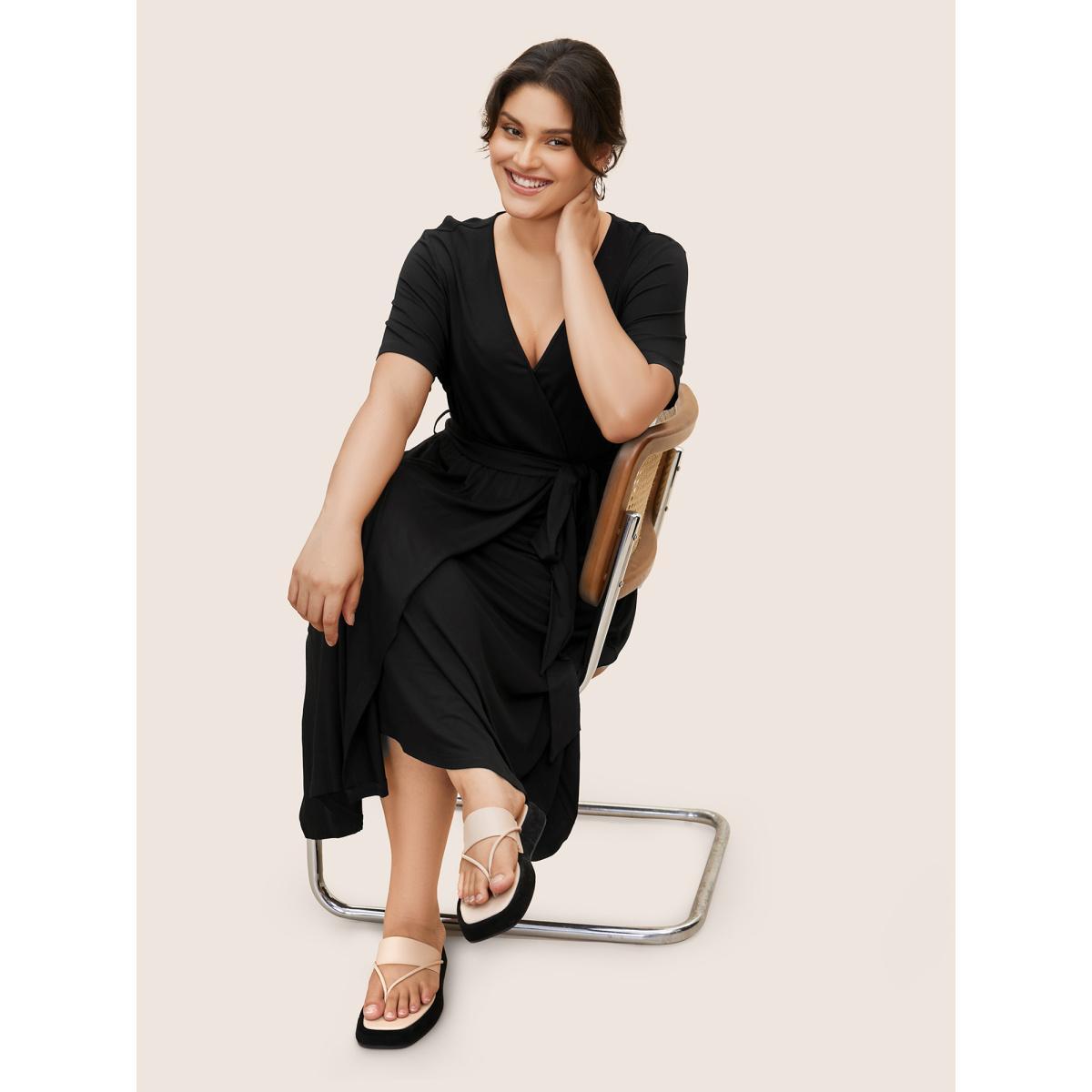 Plus Size Overlap Collar Solid Belted Midi Dress Black Women Basics Belted Overlap Collar Short sleeve Curvy BloomChic 26/4X Product Image