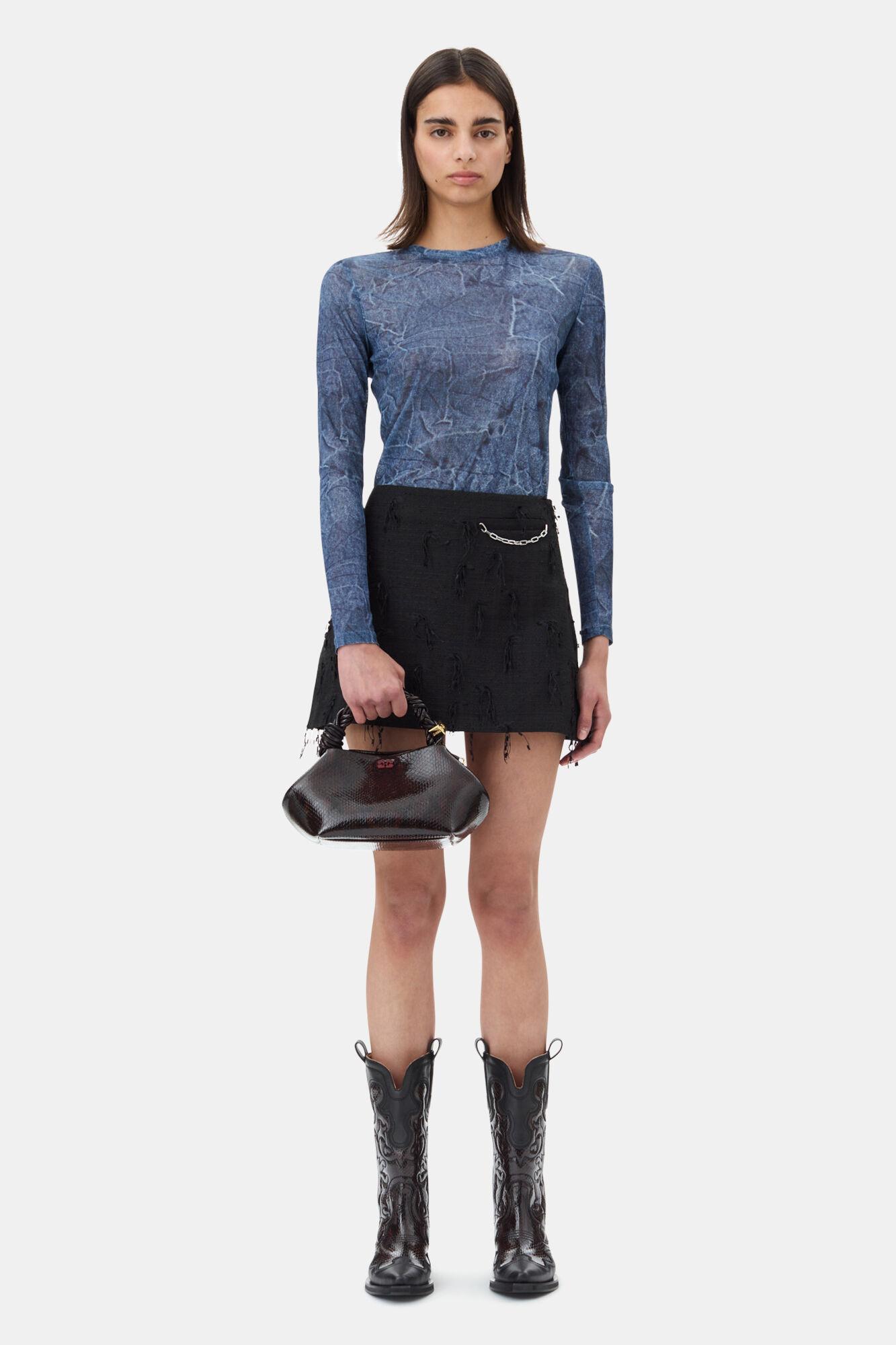 Blue Printed Mesh Long Sleeve Blouse Product Image