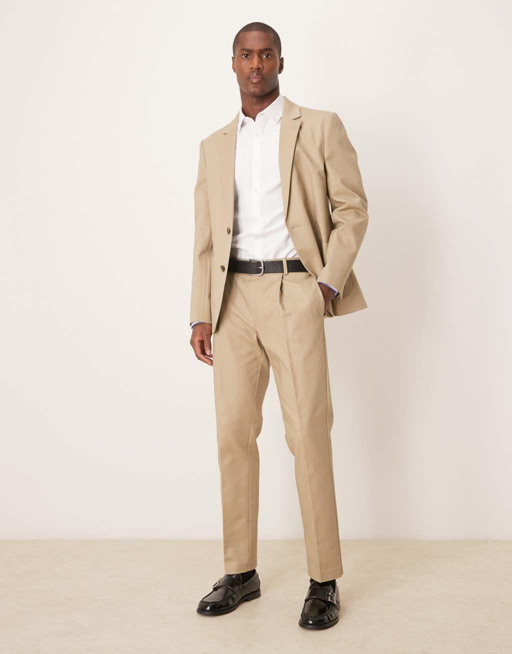 ASOS DESIGN tailored suit jacket in stone soft cotton Product Image