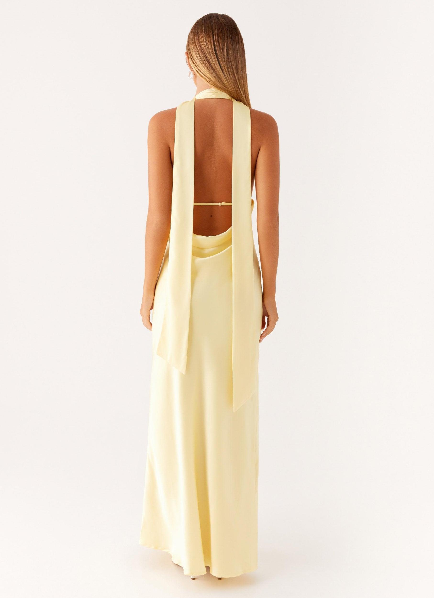 Alicia Satin Halter Maxi Dress - Yellow Product Image