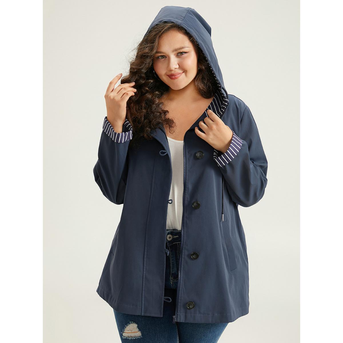 Plus Size Striped Patchwork Zipper Pocket Drawstring Coat Women DarkBlue Casual Contrast Ladies Everyday Winter Coats BloomChic 12/L Product Image