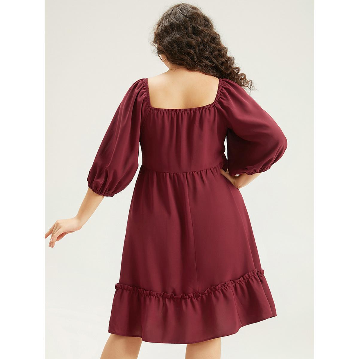 Plus Size Shirred Pocket Button Detail Frill Trim Dress Burgundy Women Casual Elastic cuffs Square Neck Elbow-length sleeve Curvy Knee Dress BloomChic 28/5X Product Image