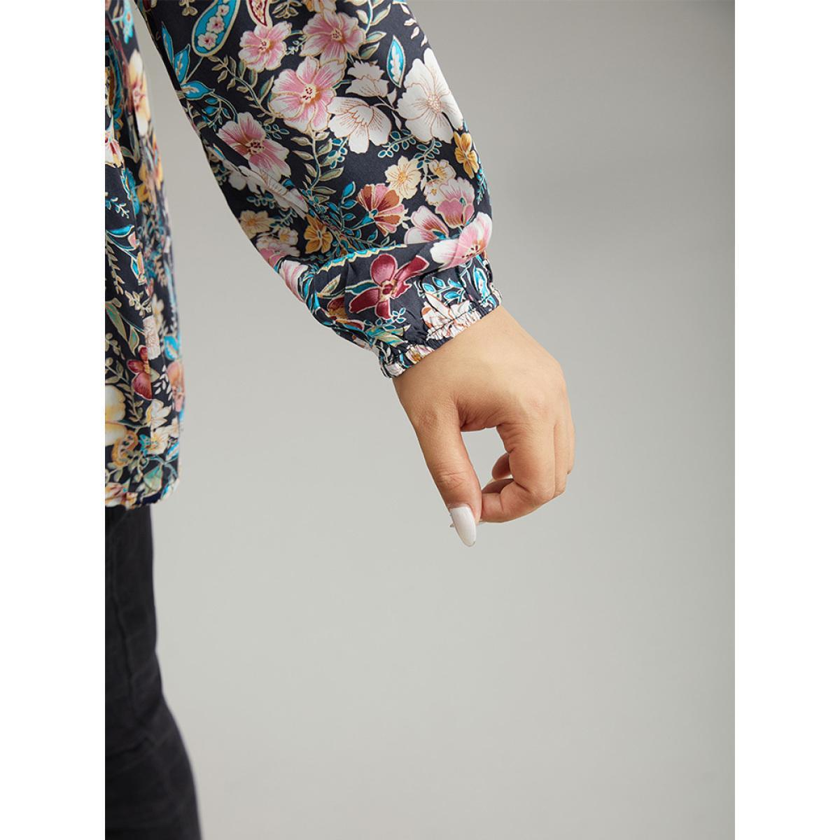 Plus Size Indigo Paisley Lantern Sleeve Gathered Blouse Women Elegant Long Sleeve V-neck Dailywear Blouses BloomChic 30/6X Product Image