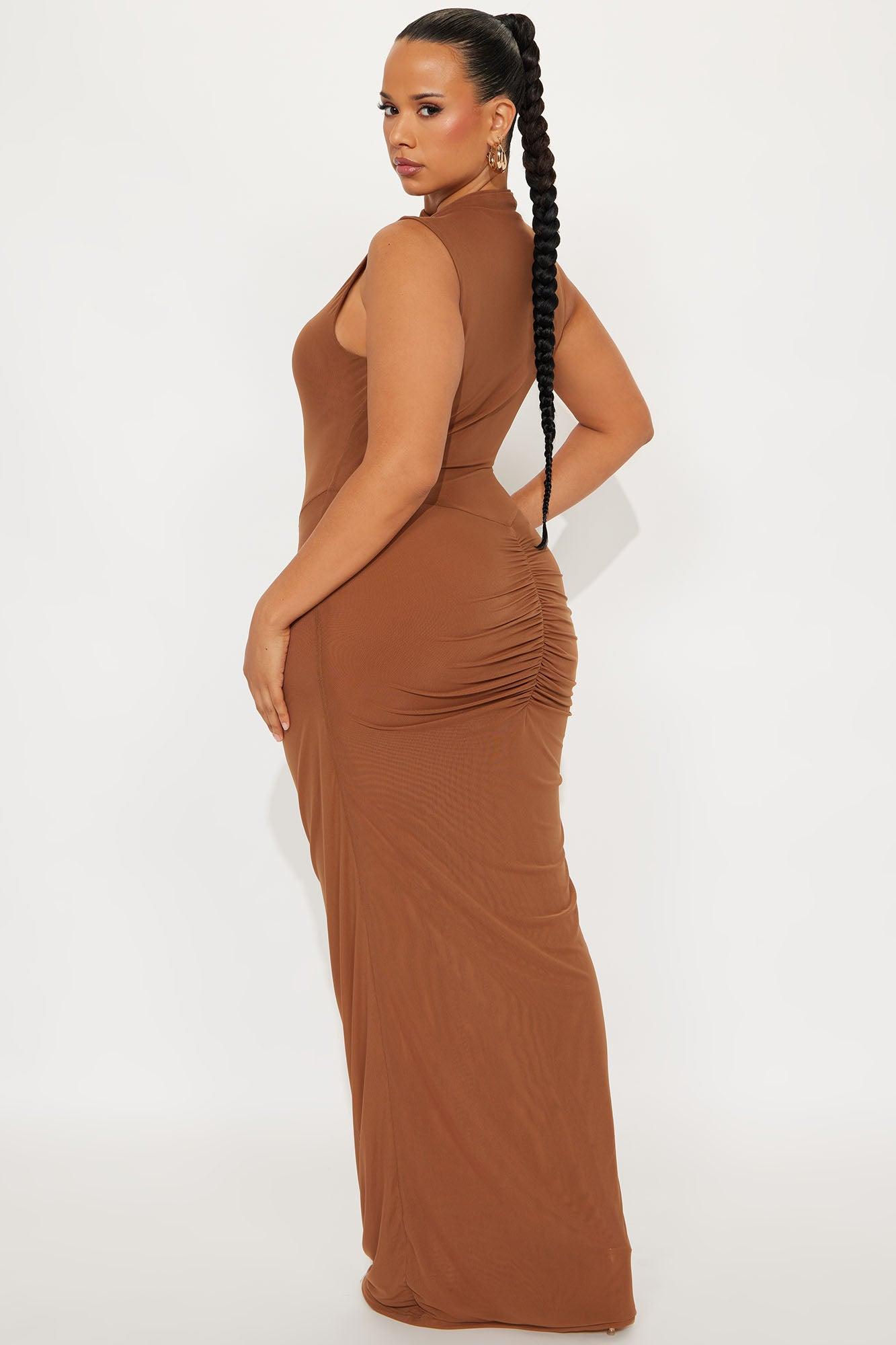 Vivian Sheer Mock Neck Maxi Dress - Cognac Product Image