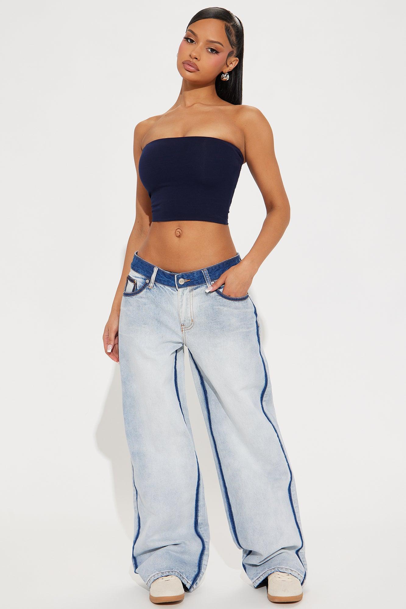 True Desires Two Tone Non Stretch Straight Leg Jeans - Light Wash Product Image