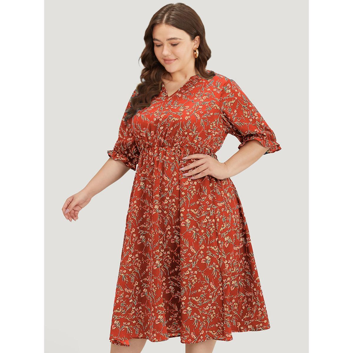 Plus Size Ditsy Floral Notched Flutter Trim Elastic Waist Dress Crimson Women Elegant Printed Notched collar Half Sleeve Curvy Midi Dress BloomChic 22-24/3X Product Image