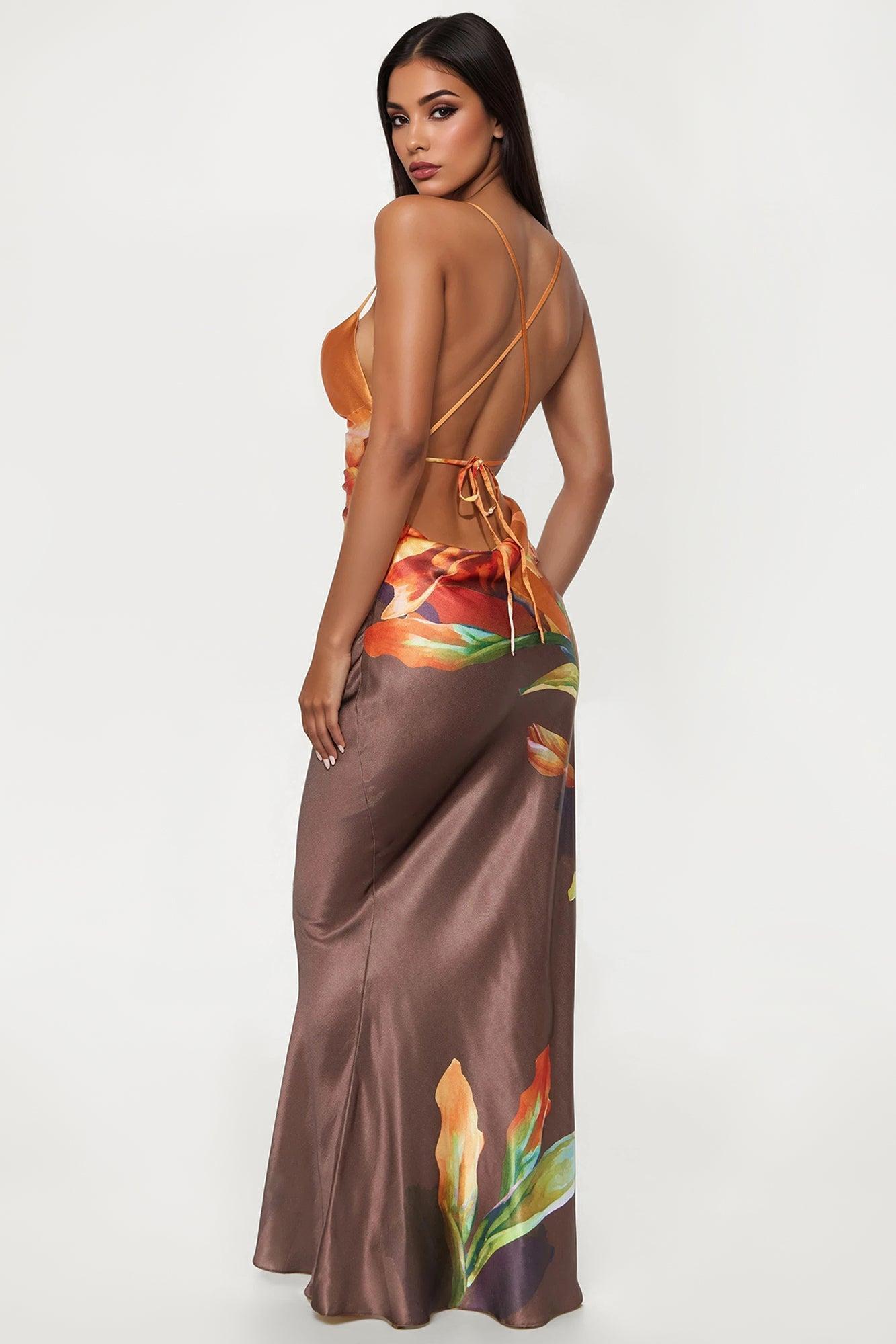 Jayla Backless Satin Maxi Dress - Mocha/combo Product Image