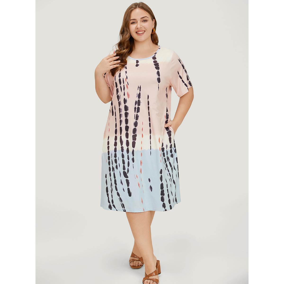 Plus Size Tie Dye Crew Neck Pocket Color Block Contrast Dress Multicolor Women Vacation Contrast Round Neck Short sleeve Curvy Midi Dress BloomChic 26/4X Product Image