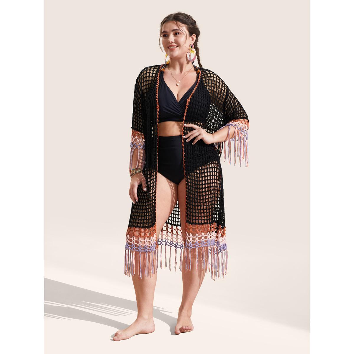 Plus Size Crochet Cut Out Tassels Trim Swim Cover Up Women's Swimwear Black Beach Loose Crochet Curve Swim Cover Ups BloomChic 12/L Product Image